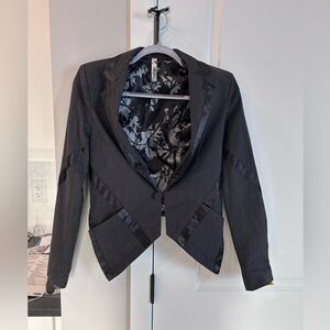 Foxy Jean Couture Cropped Blazer Satin Trim Chic Dark Academia Fitted Jacket